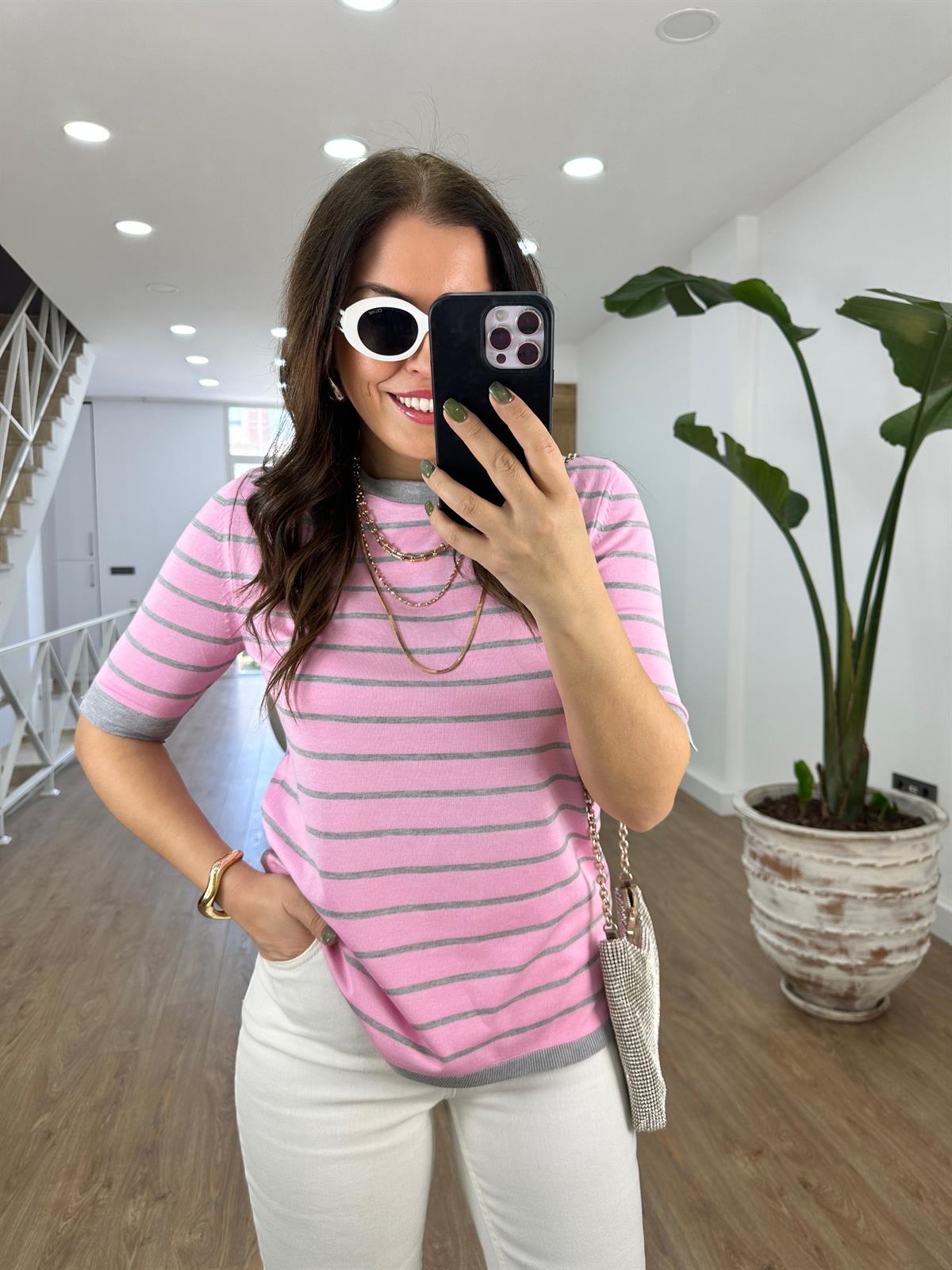 Pembe Üzeri Gri Çizgili Merserize Triko