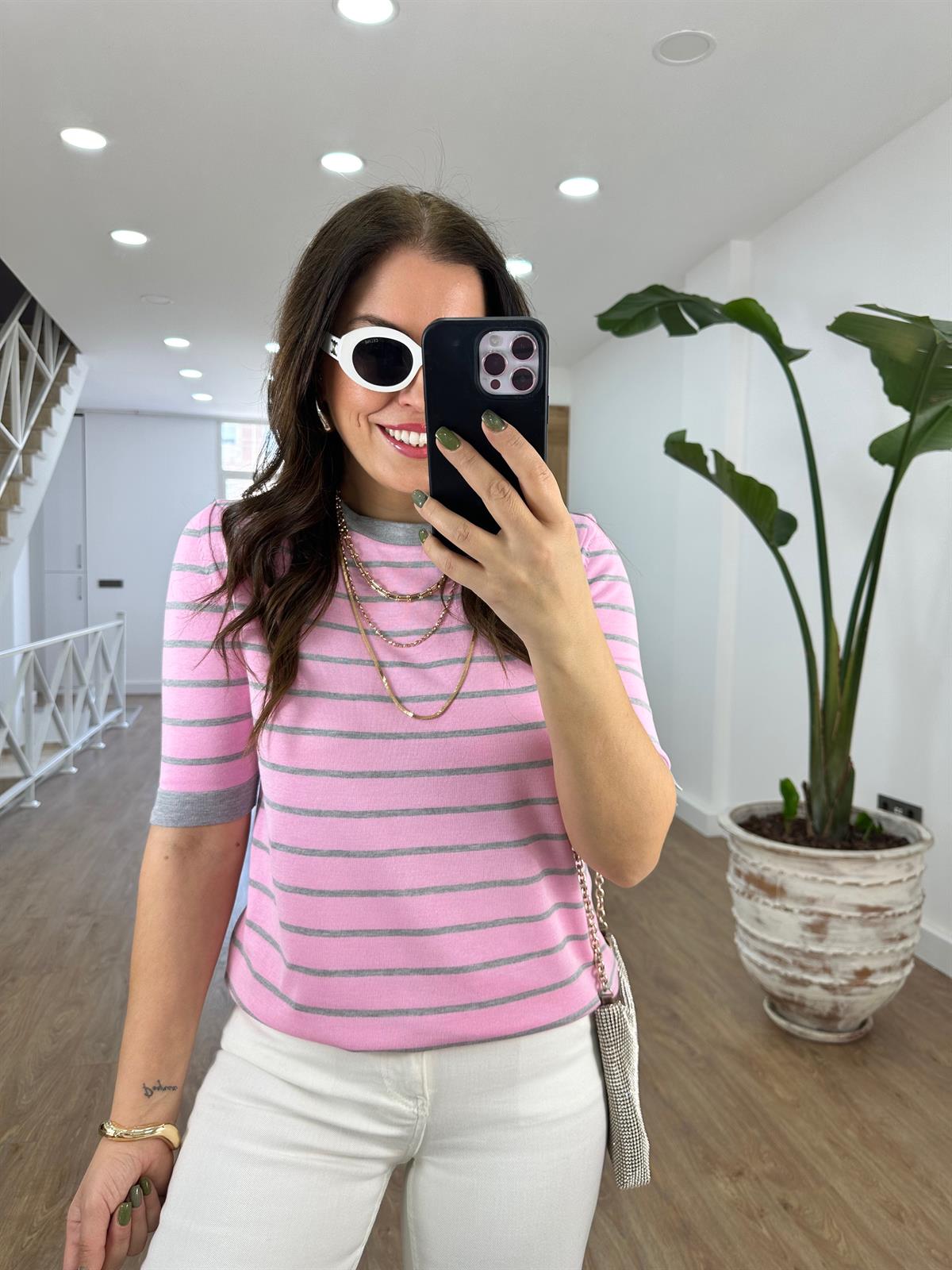 Pembe Üzeri Gri Çizgili Merserize Triko