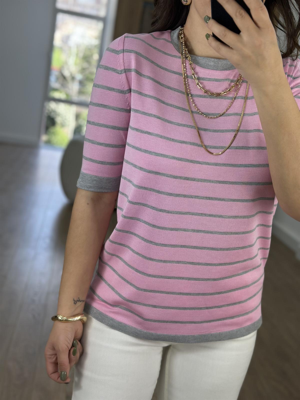 Pembe Üzeri Gri Çizgili Merserize Triko
