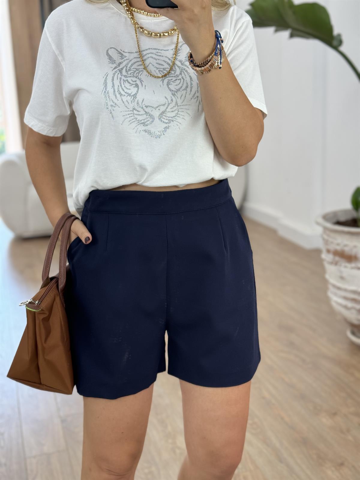 Pens Detay Krep Şort-Lacivert