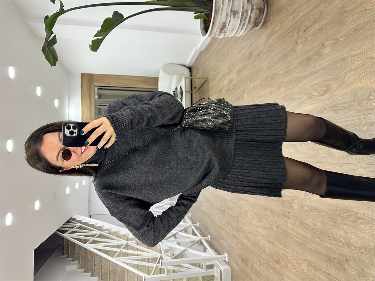 Pileli Etekli Triko Takım-Antrasit