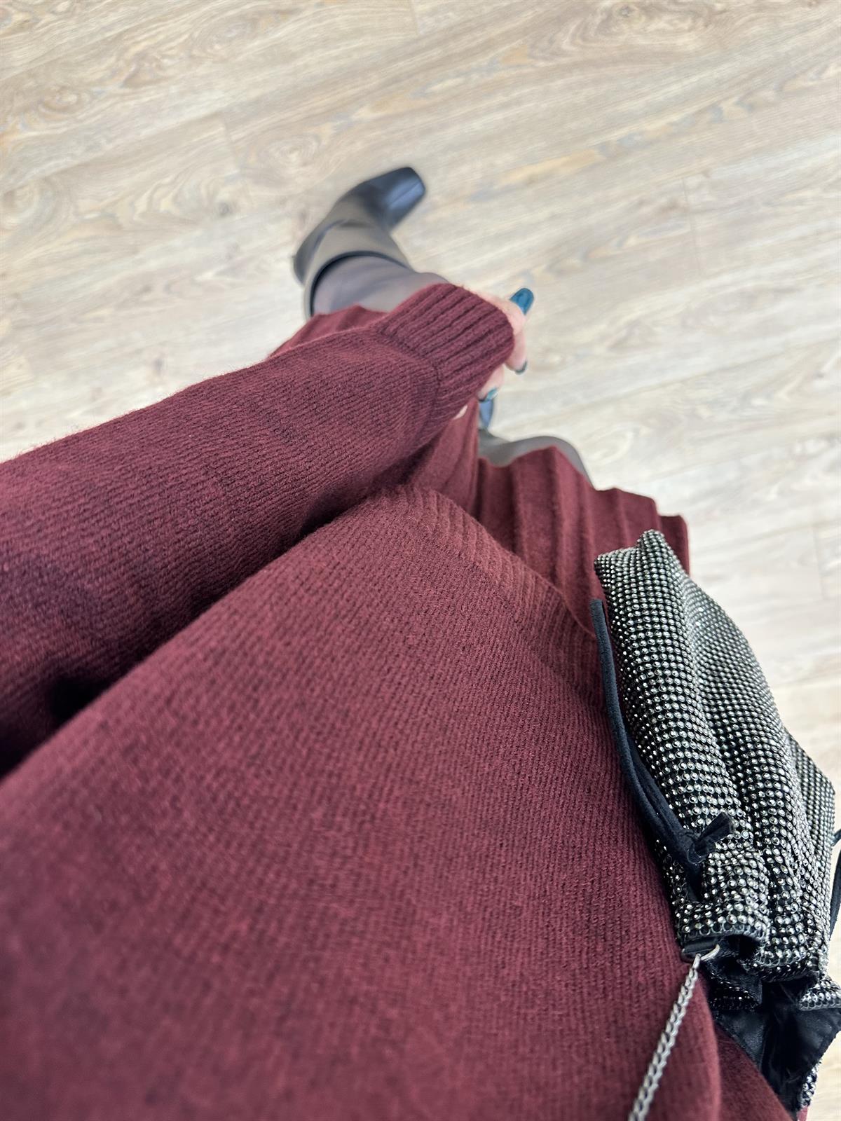 Pileli Etekli Triko Takım-Bordo