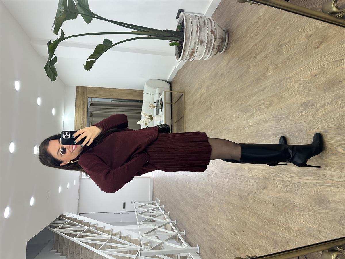 Pileli Etekli Triko Takım-Bordo