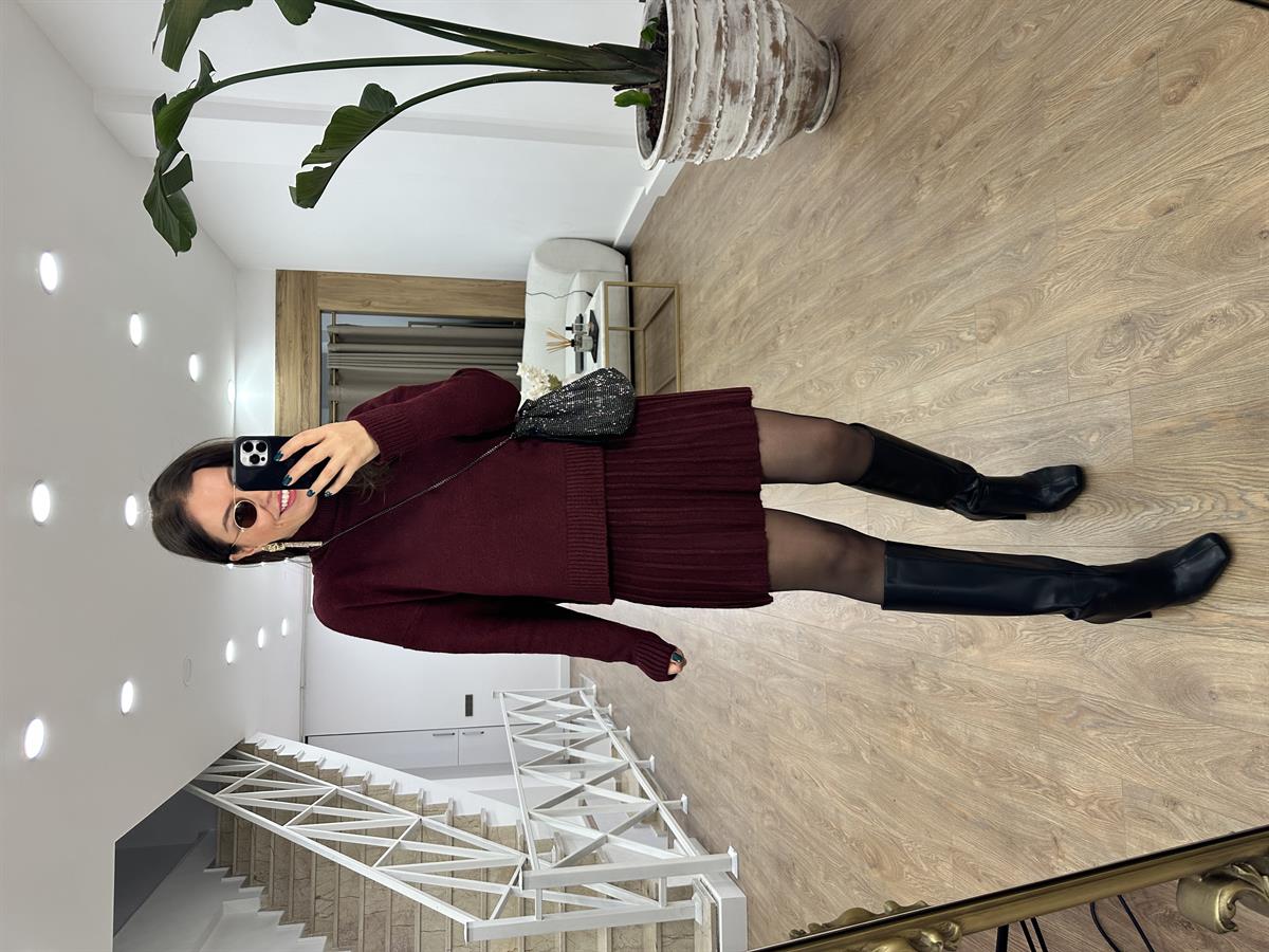 Pileli Etekli Triko Takım-Bordo