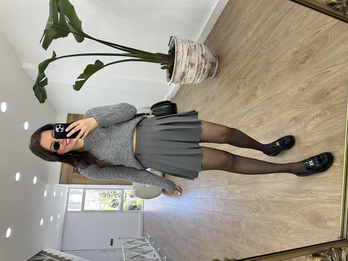 Pileli Mini Etek-Gri