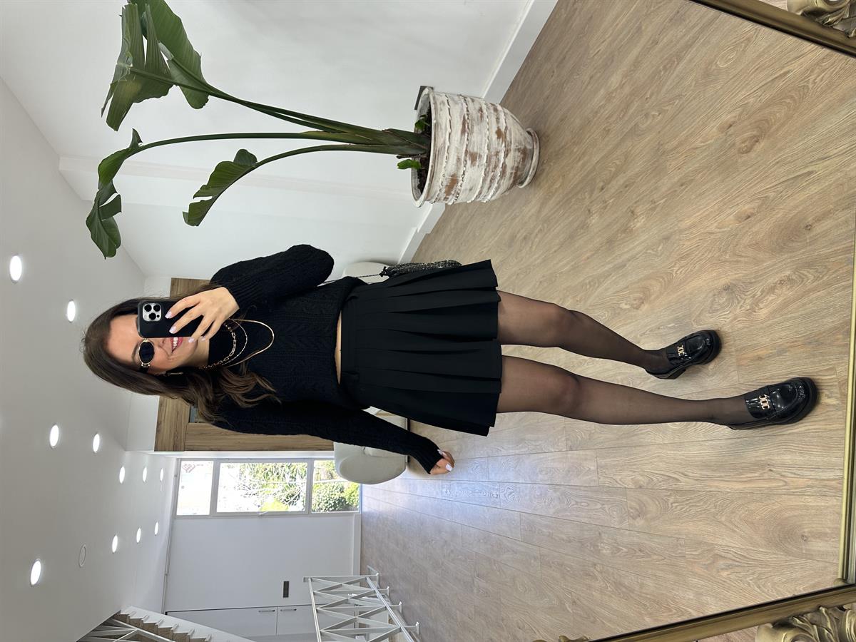 Pileli Mini Etek-Siyah