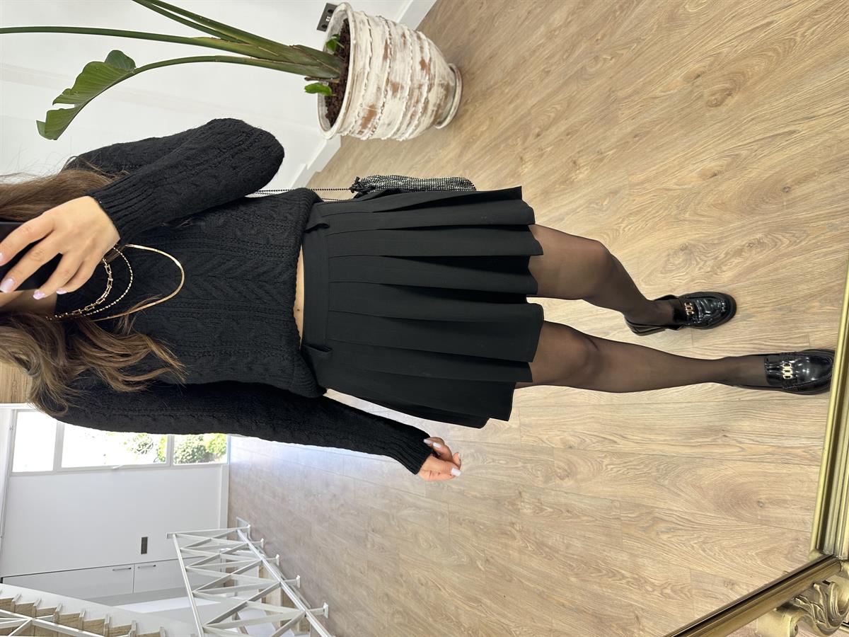 Pileli Mini Etek-Siyah