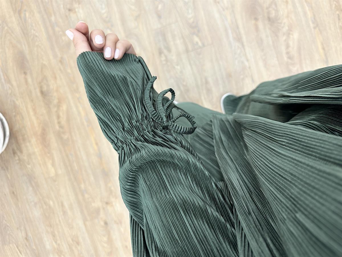 Piliseli Beli Bağlamalı Kimono Takım-Haki