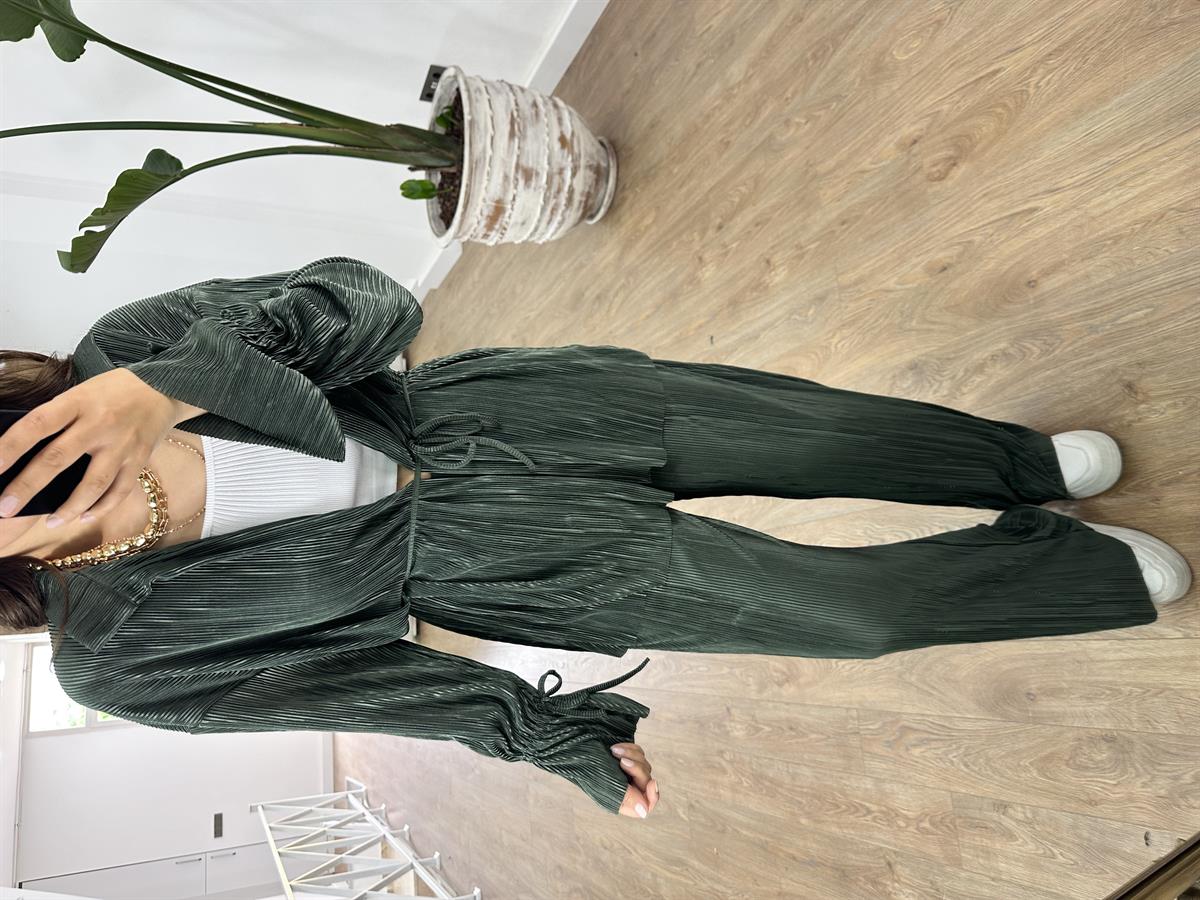 Piliseli Beli Bağlamalı Kimono Takım-Haki