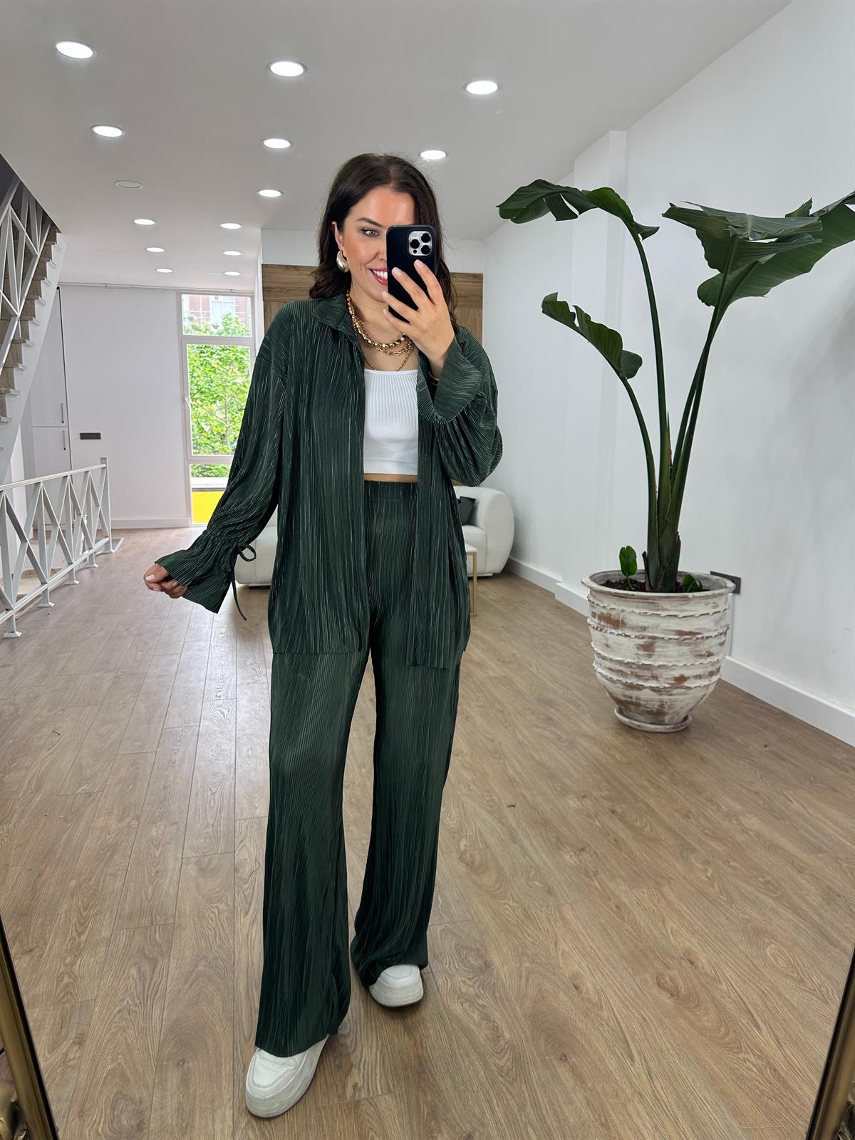 Piliseli Beli Bağlamalı Kimono Takım-Haki