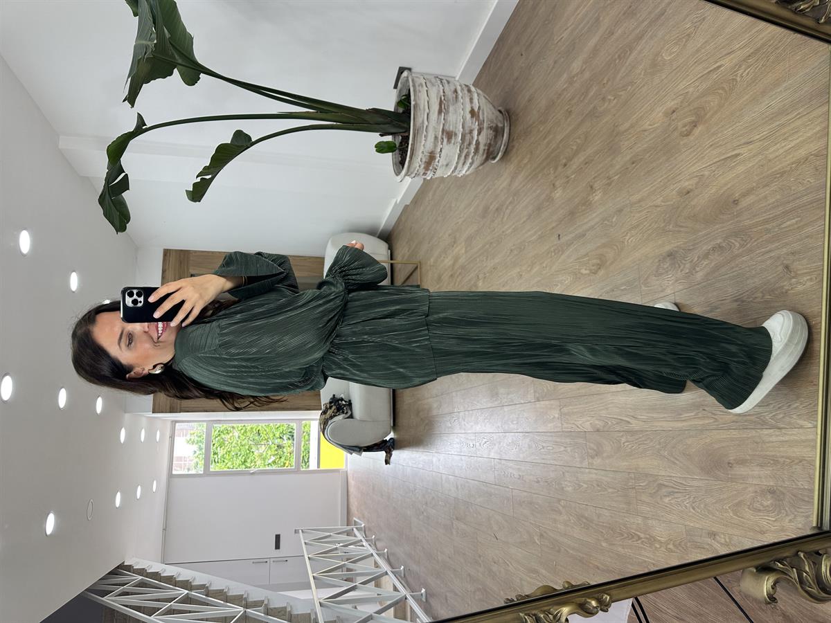 Piliseli Beli Bağlamalı Kimono Takım-Haki