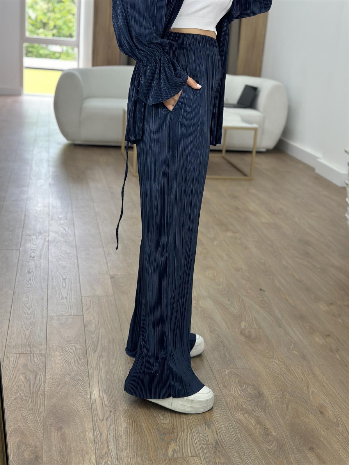 Piliseli Beli Bağlamalı Kimono Takım-Lacivert