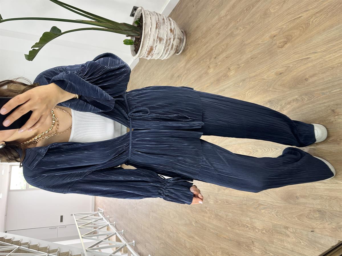 Piliseli Beli Bağlamalı Kimono Takım-Lacivert
