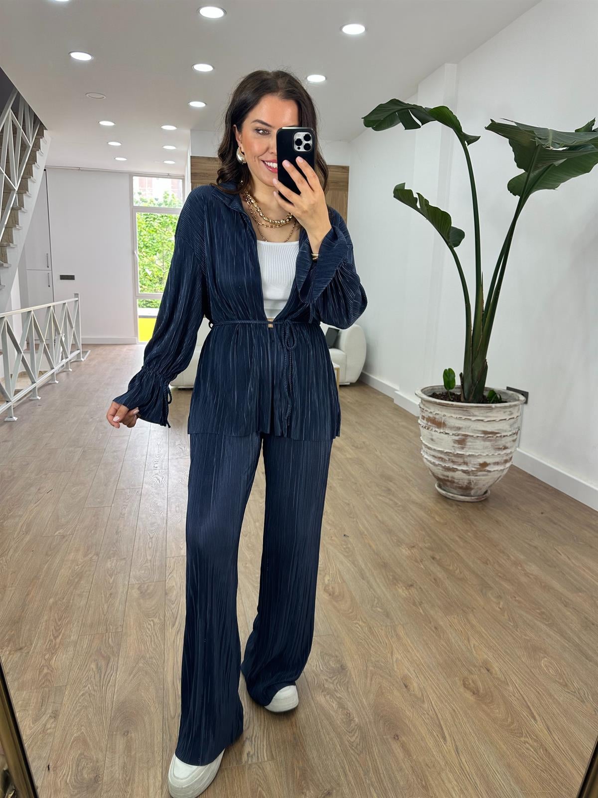 Piliseli Beli Bağlamalı Kimono Takım-Lacivert