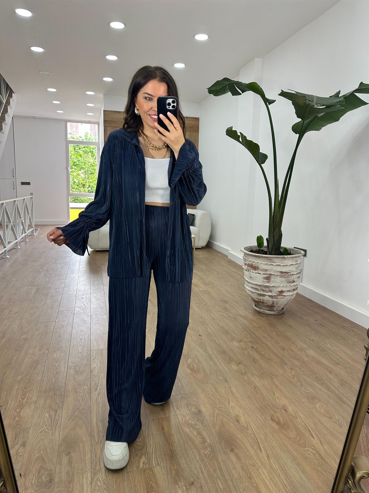 Piliseli Beli Bağlamalı Kimono Takım-Lacivert