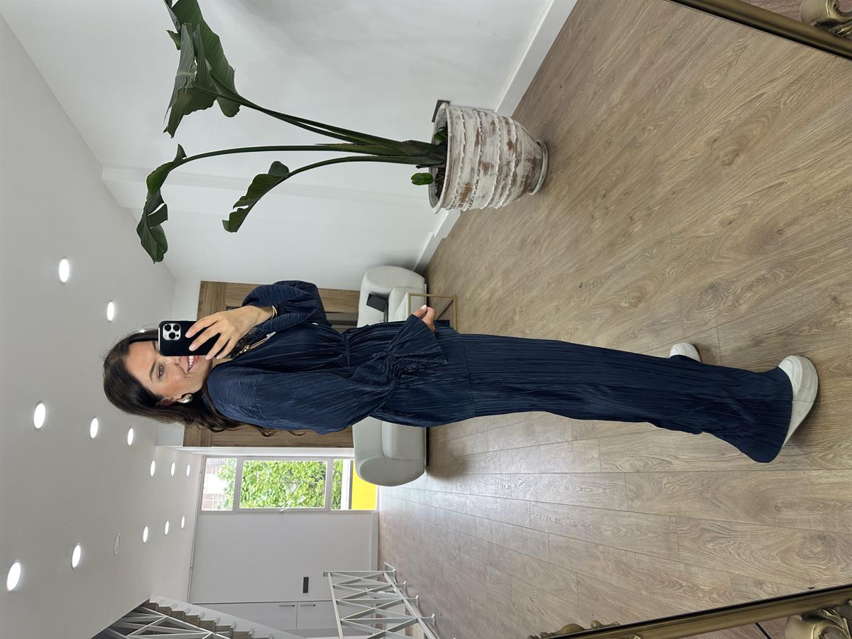 Piliseli Beli Bağlamalı Kimono Takım-Lacivert