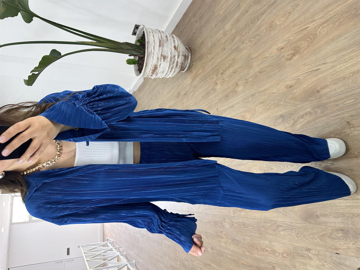 Piliseli Beli Bağlamalı Kimono Takım-Saks Mavi