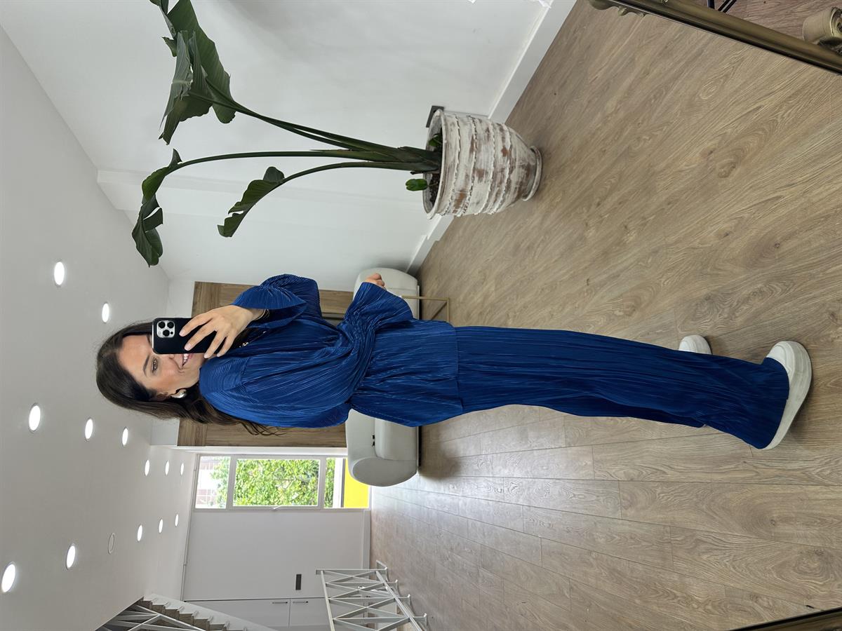 Piliseli Beli Bağlamalı Kimono Takım-Saks Mavi