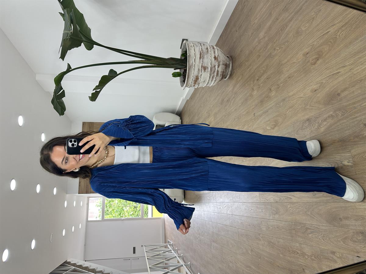 Piliseli Beli Bağlamalı Kimono Takım-Saks Mavi