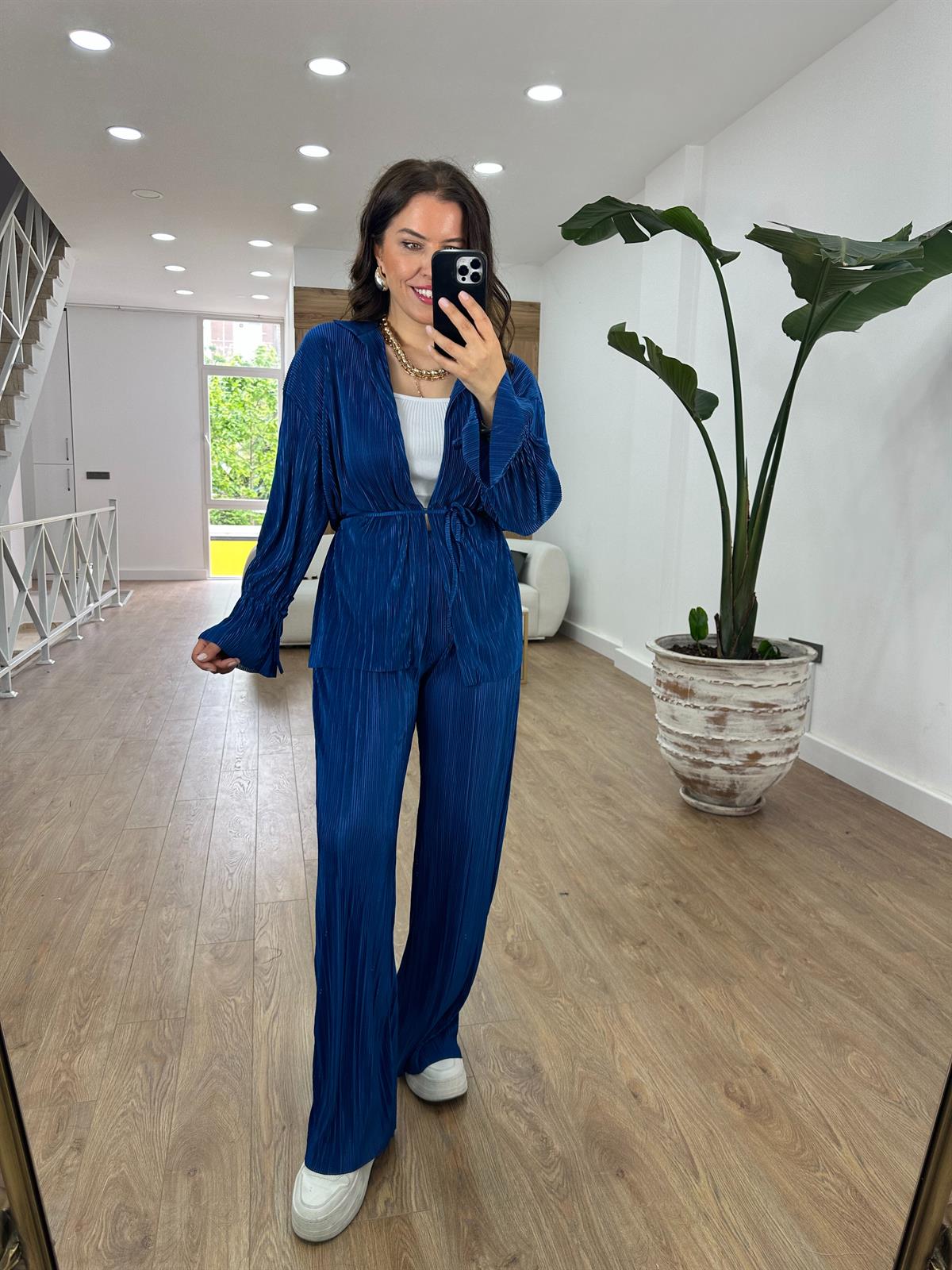 Piliseli Beli Bağlamalı Kimono Takım-Saks Mavi