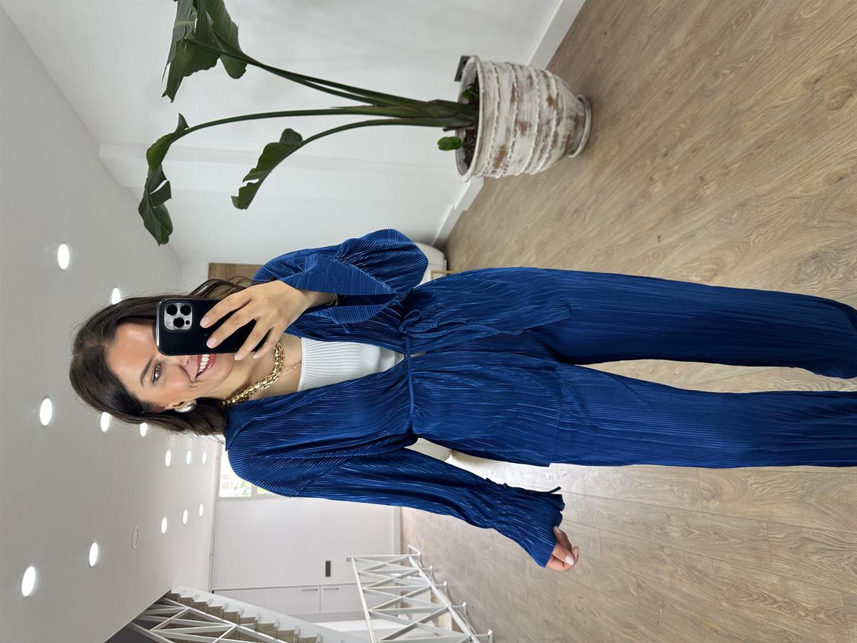 Piliseli Beli Bağlamalı Kimono Takım-Saks Mavi