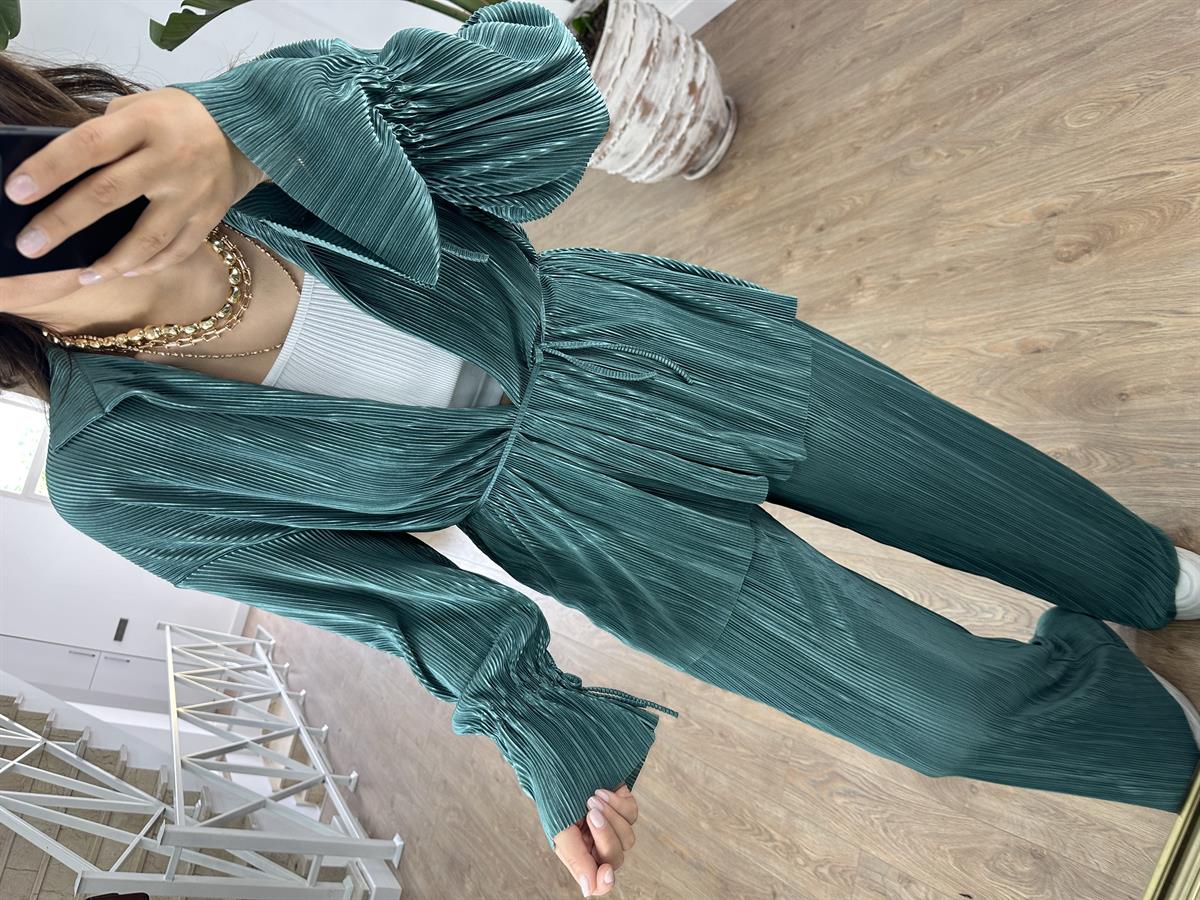 Piliseli Beli Bağlamalı Kimono Takım-Zümrüt Yeşili