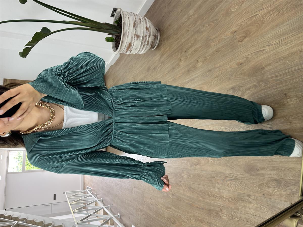 Piliseli Beli Bağlamalı Kimono Takım-Zümrüt Yeşili