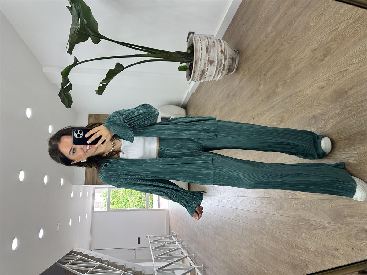 Piliseli Beli Bağlamalı Kimono Takım-Zümrüt Yeşili