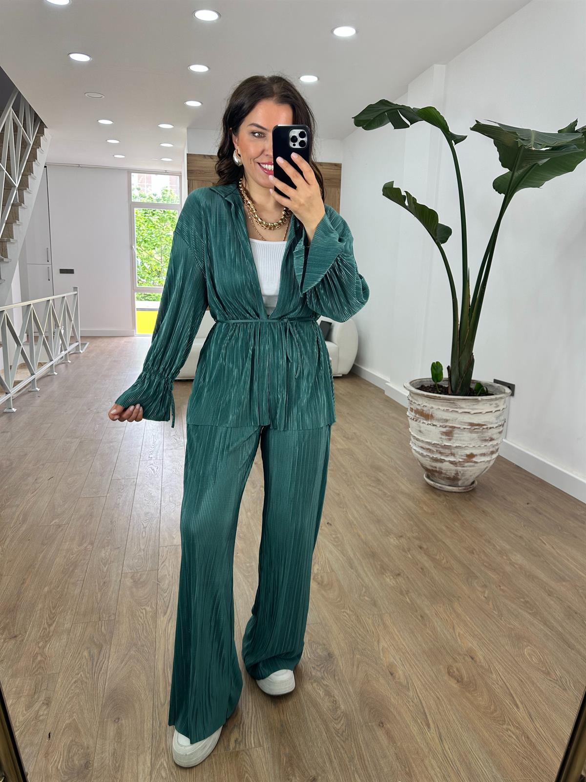 Piliseli Beli Bağlamalı Kimono Takım-Zümrüt Yeşili