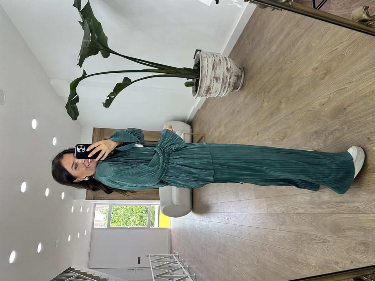 Piliseli Beli Bağlamalı Kimono Takım-Zümrüt Yeşili