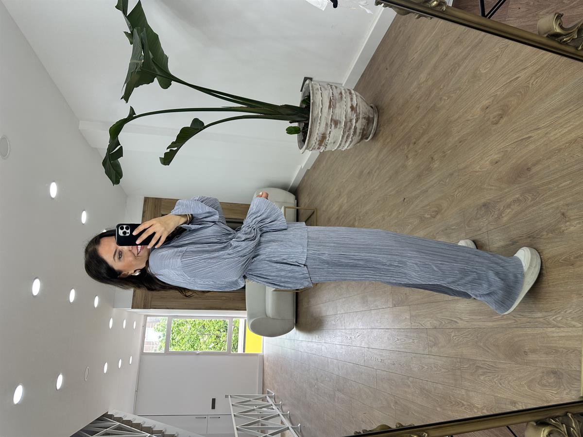 Piliseli Beli Bağlamalı Kimonolu Takım-Gri