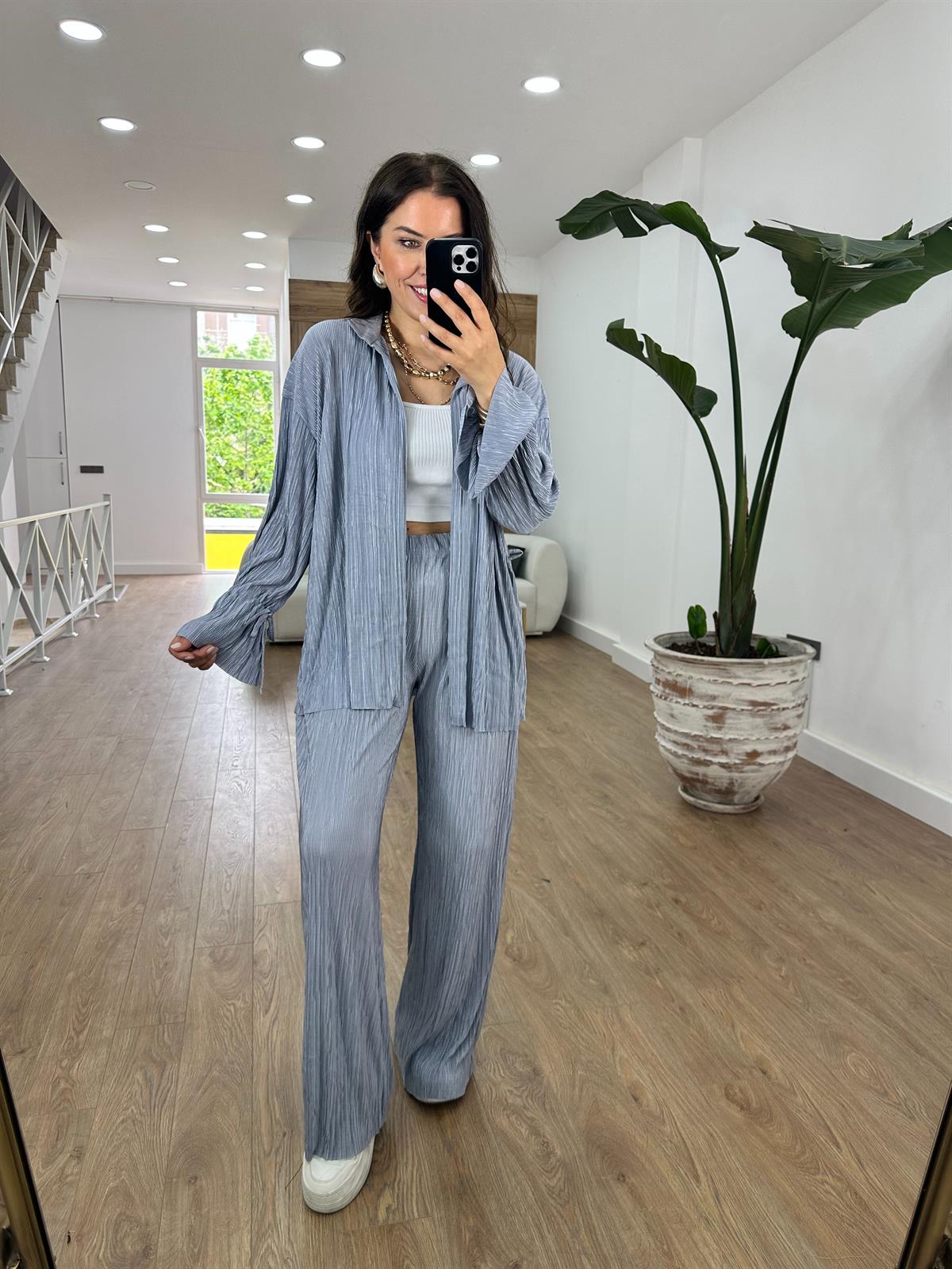 Piliseli Beli Bağlamalı Kimonolu Takım-Gri