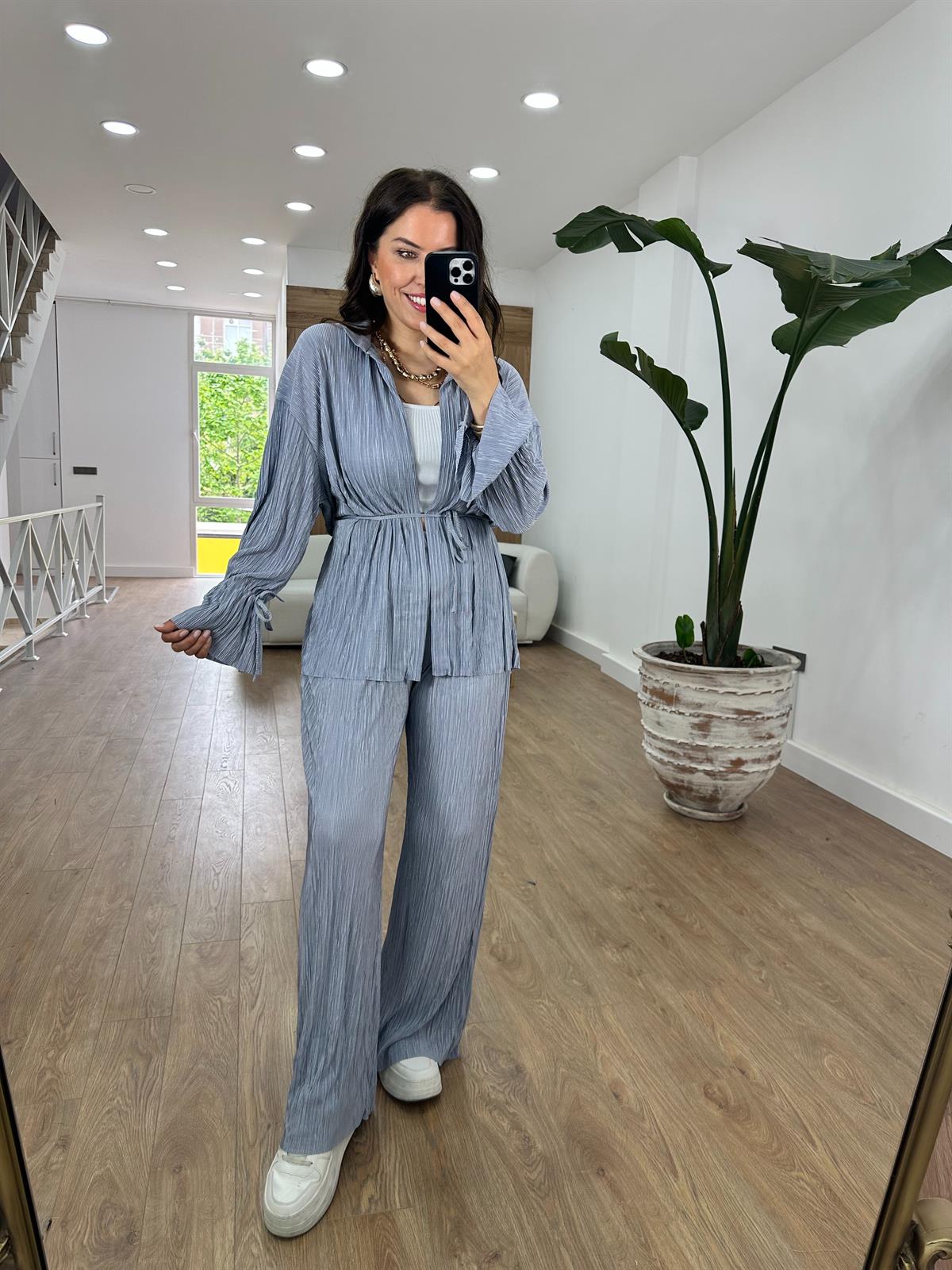 Piliseli Beli Bağlamalı Kimonolu Takım-Gri