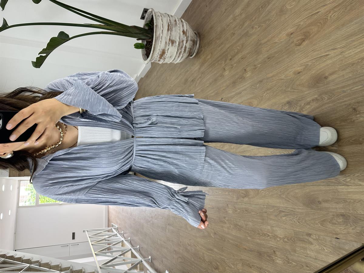 Piliseli Beli Bağlamalı Kimonolu Takım-Gri