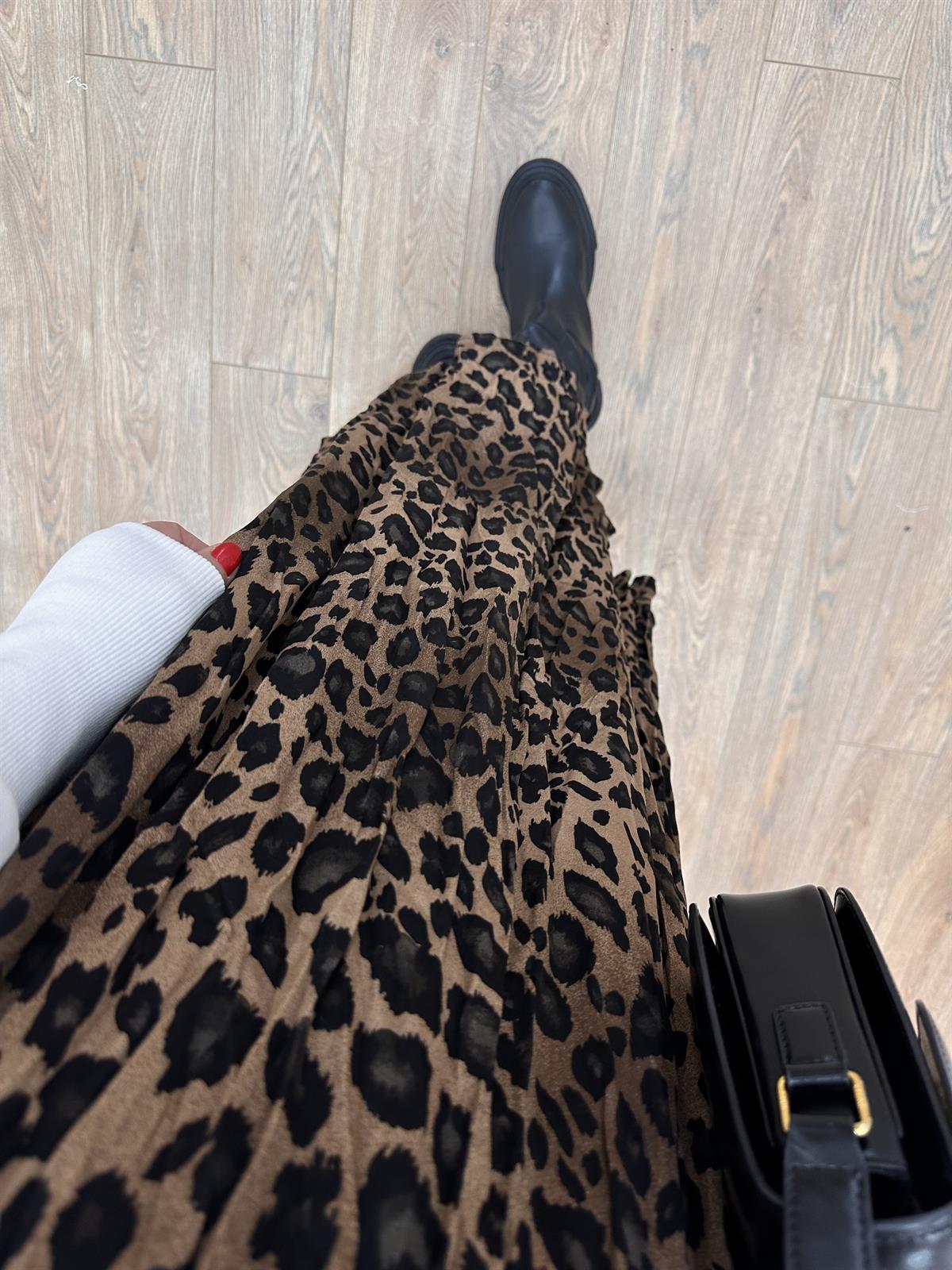 Piliseli Pamuk Saten Leopar Etek - Kahverengi