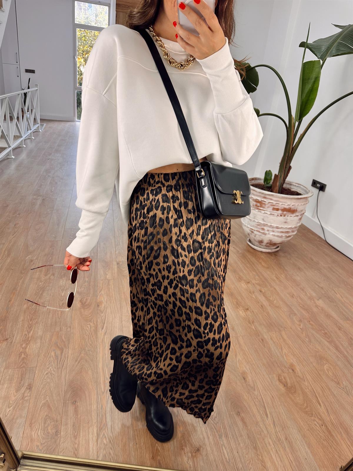 Piliseli Pamuk Saten Leopar Etek - Kahverengi