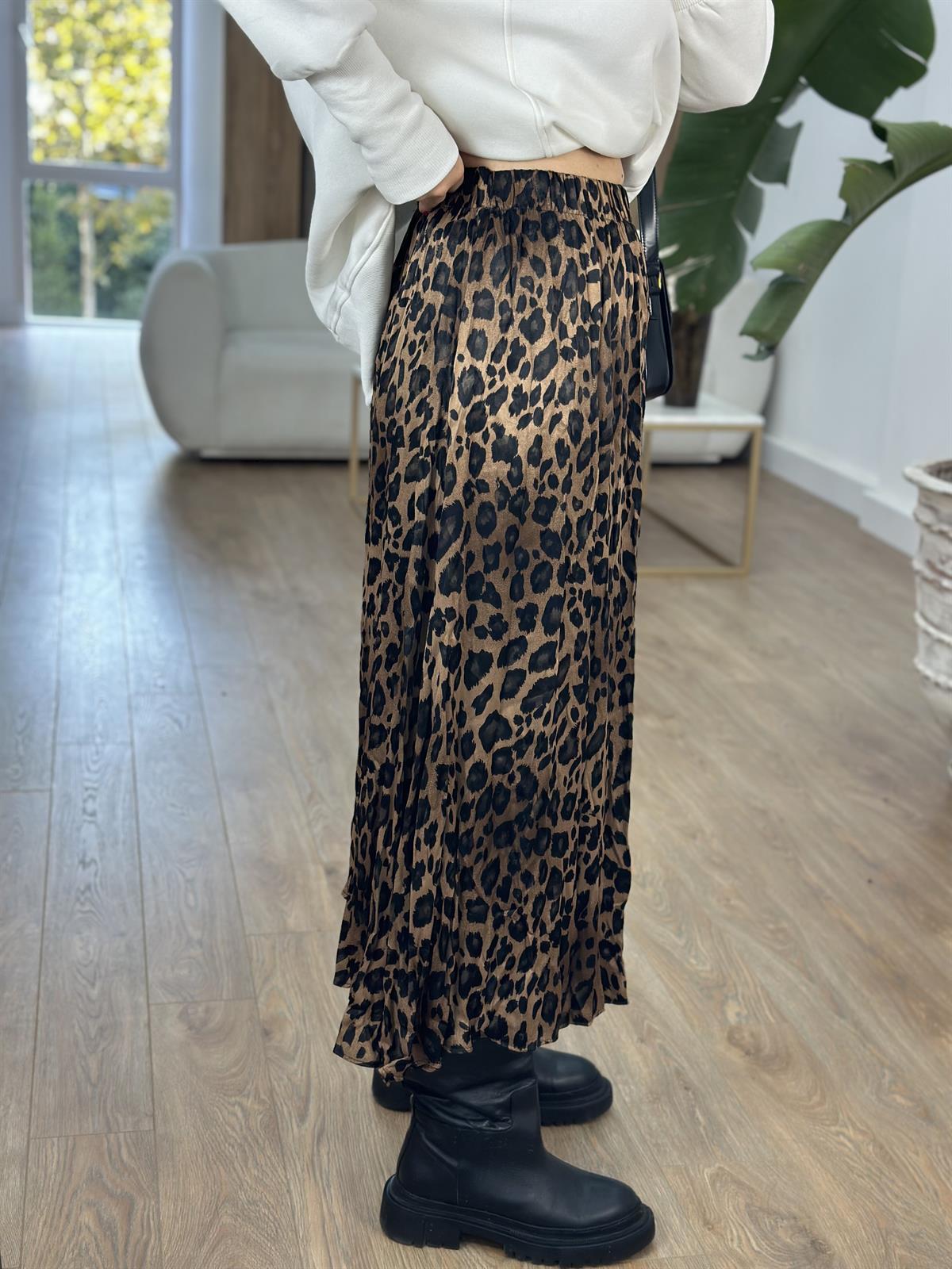 Piliseli Pamuk Saten Leopar Etek - Kahverengi