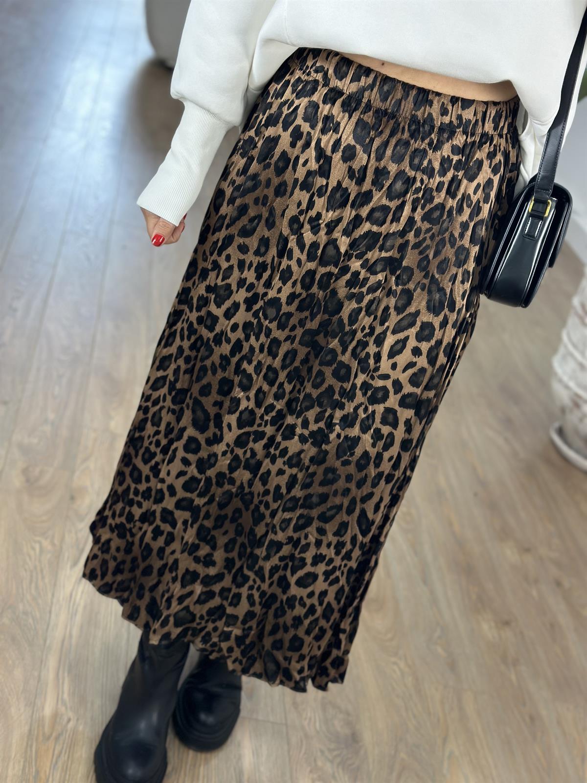 Piliseli Pamuk Saten Leopar Etek - Kahverengi