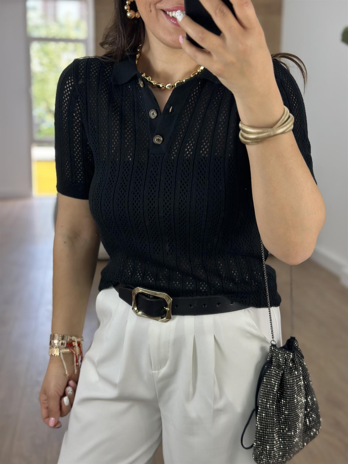 Polo Yaka Ajurlu Triko-Siyah