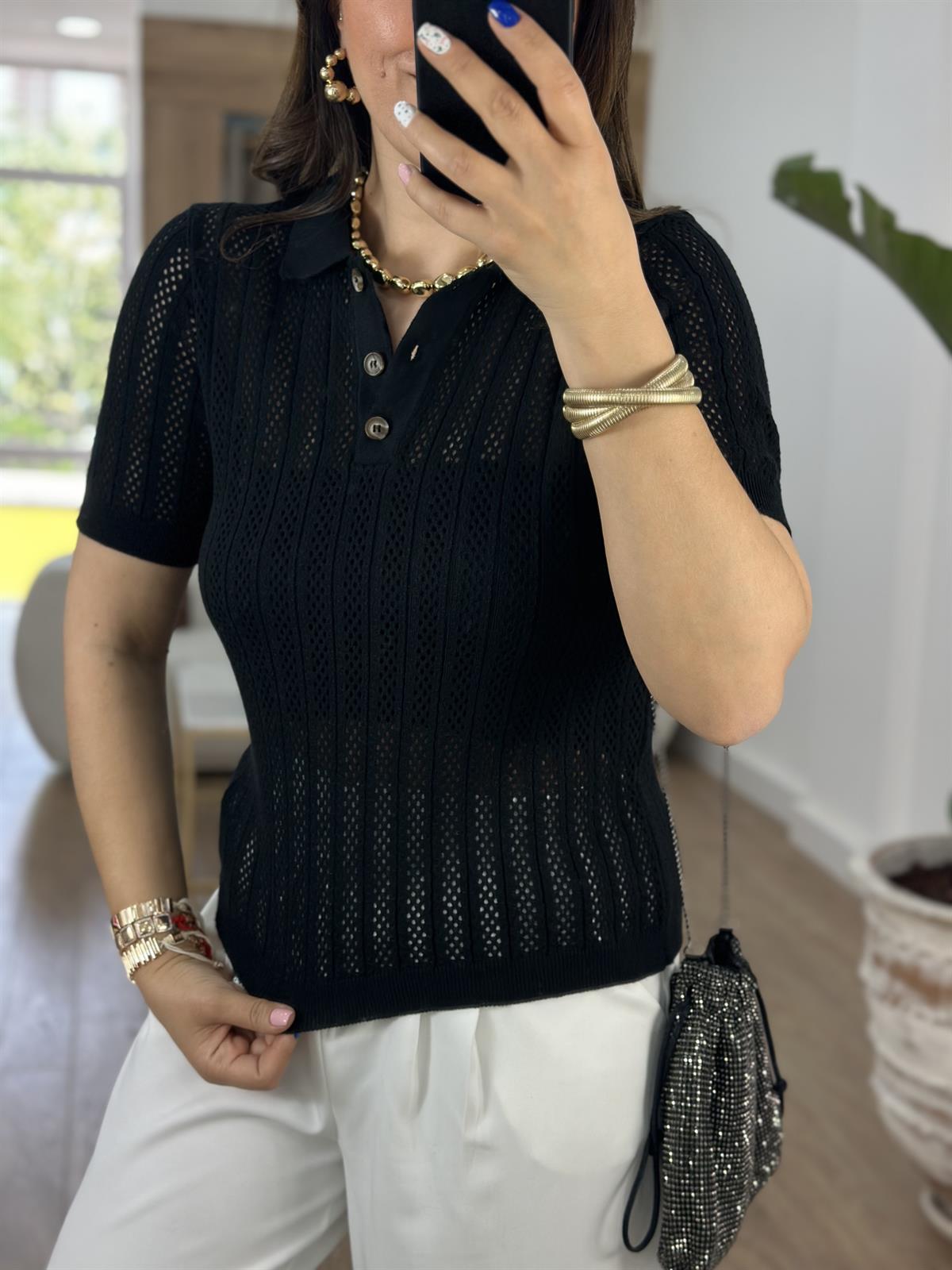 Polo Yaka Ajurlu Triko-Siyah