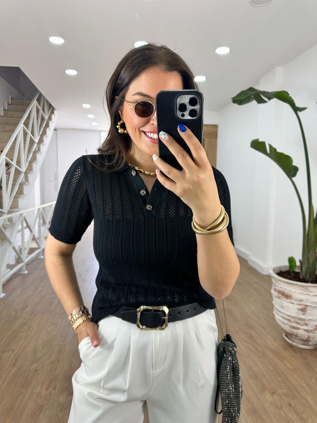 Polo Yaka Ajurlu Triko-Siyah