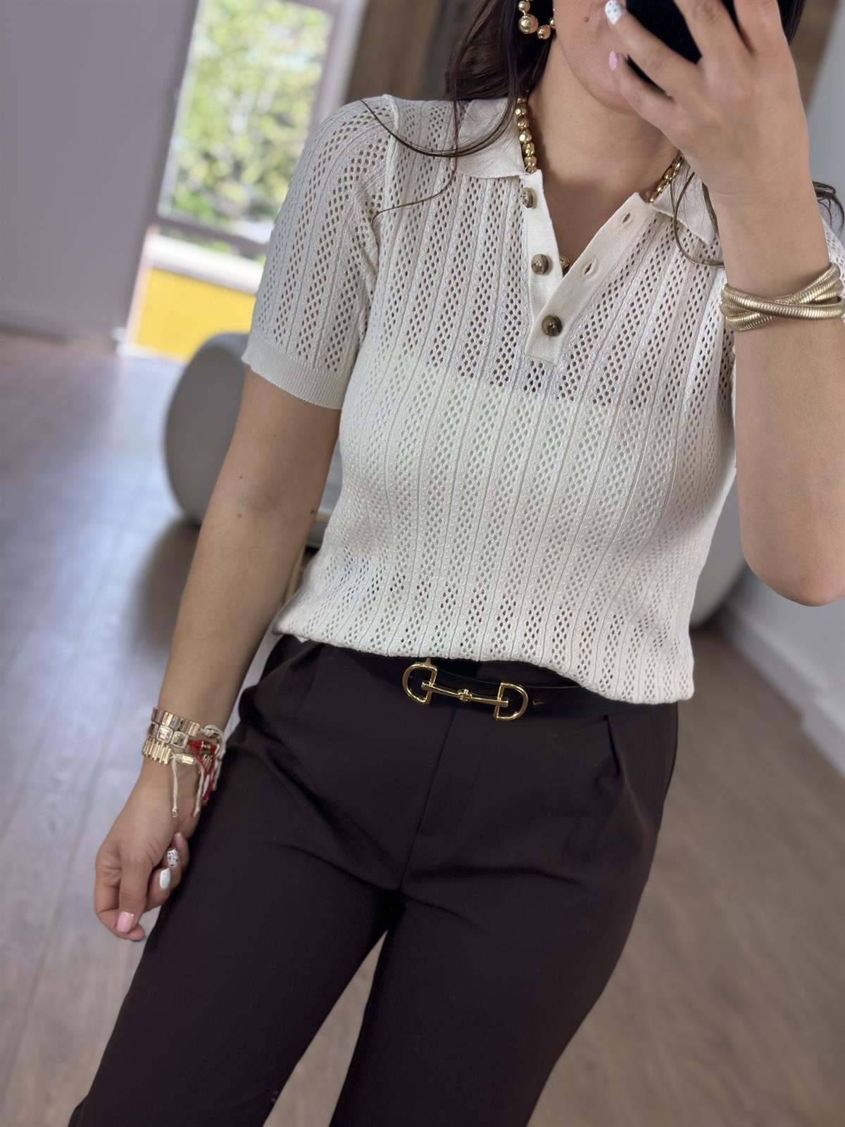 Polo Yaka Ajurlu Triko-Taş