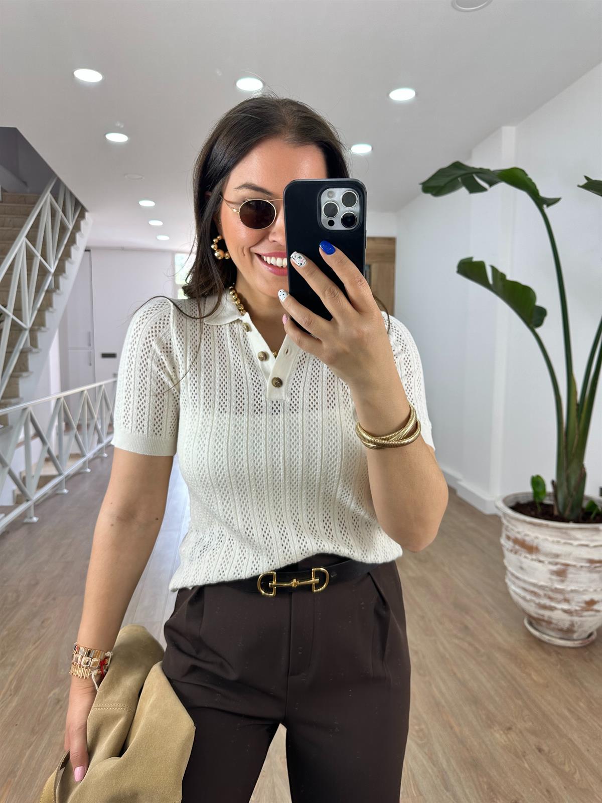 Polo Yaka Ajurlu Triko-Taş