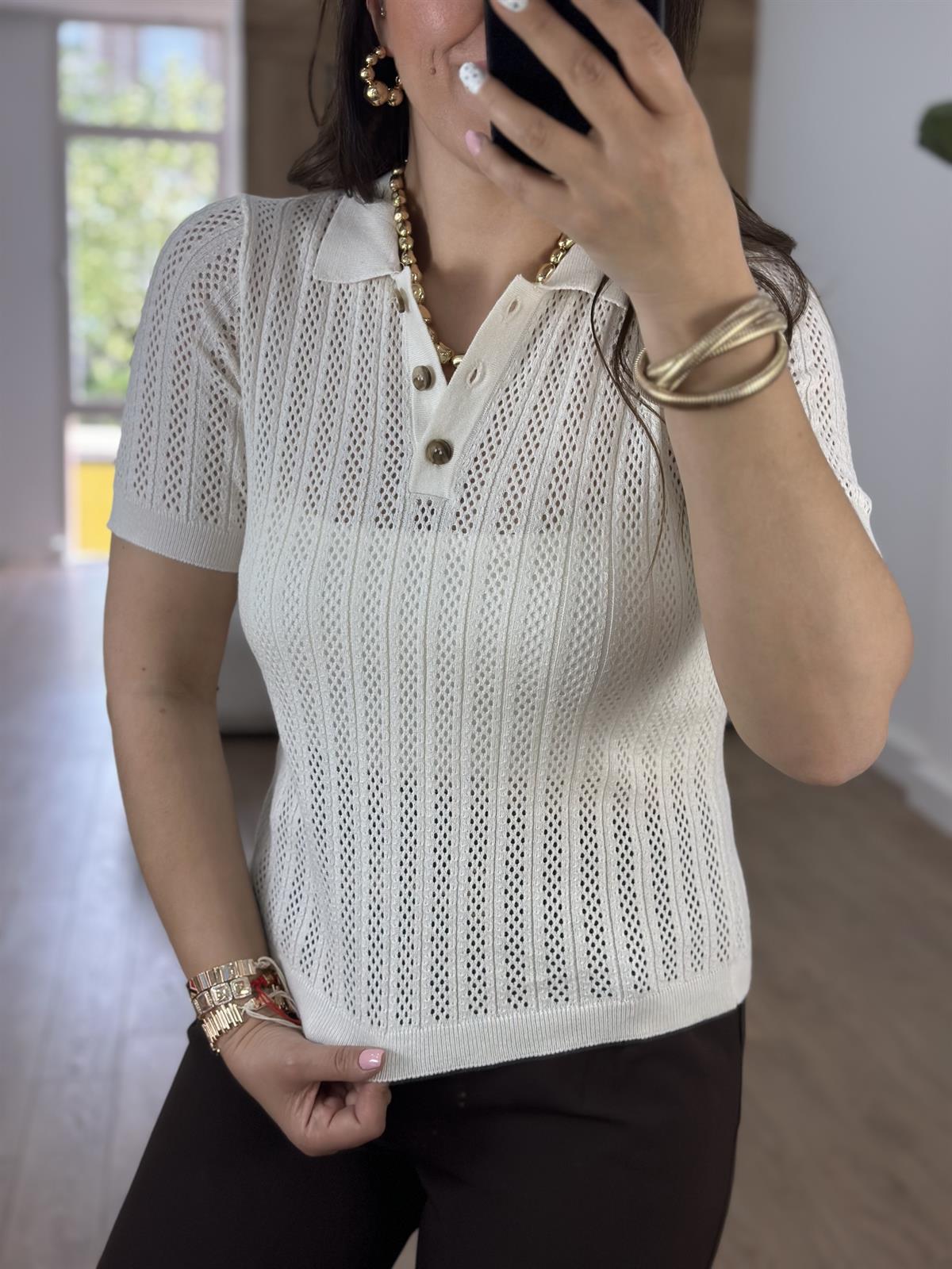 Polo Yaka Ajurlu Triko-Taş