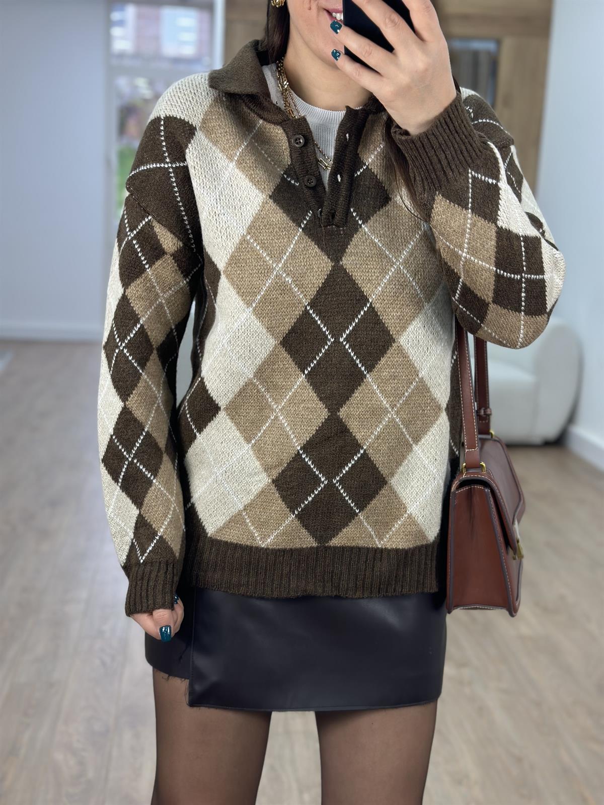 Polo Yaka Baklava Desenli Kazak-Acı Kahve