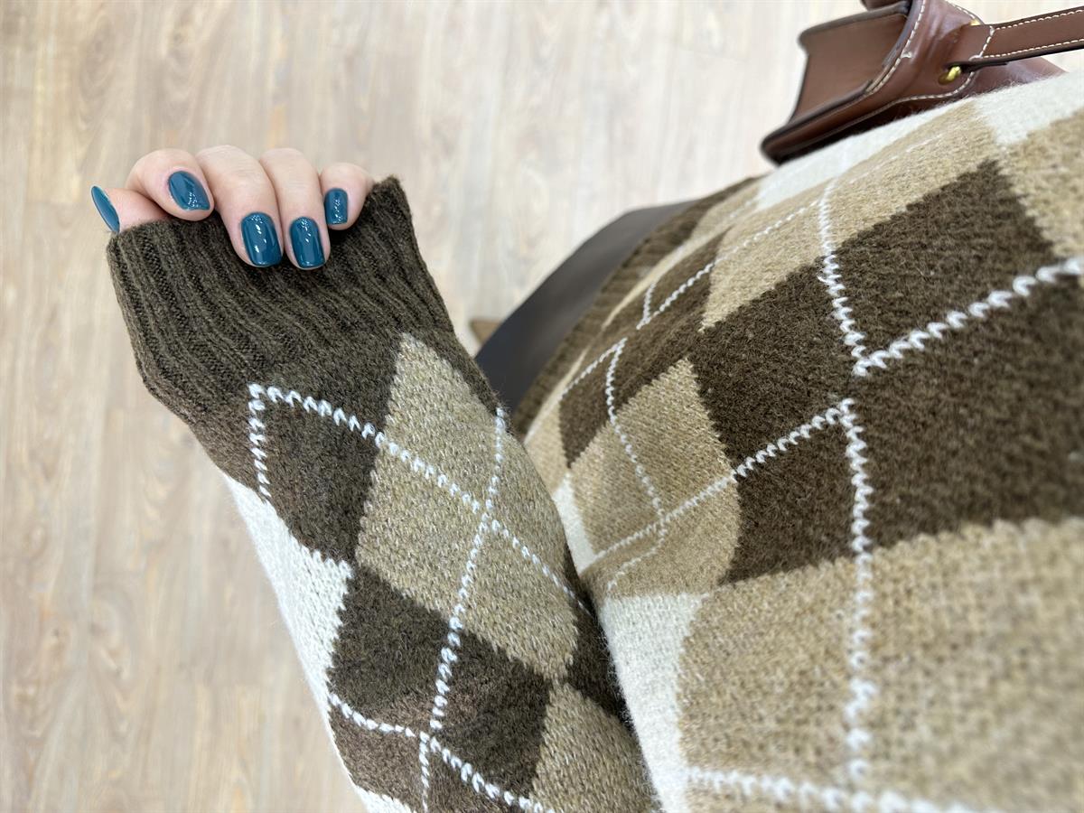 Polo Yaka Baklava Desenli Kazak-Acı Kahve