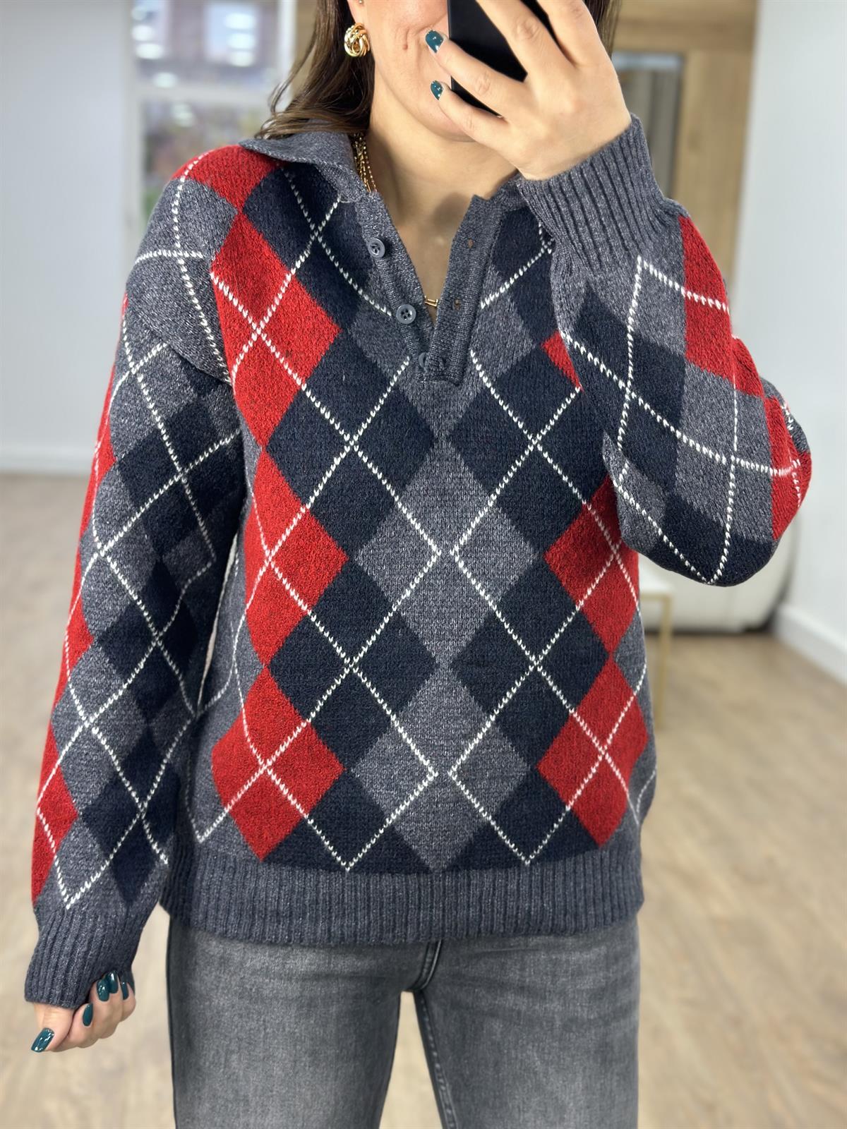 Polo Yaka Baklava Desenli Kazak-Antrasit