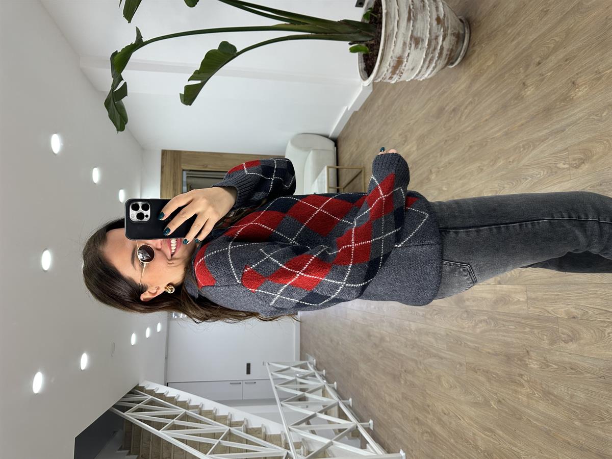 Polo Yaka Baklava Desenli Kazak-Antrasit