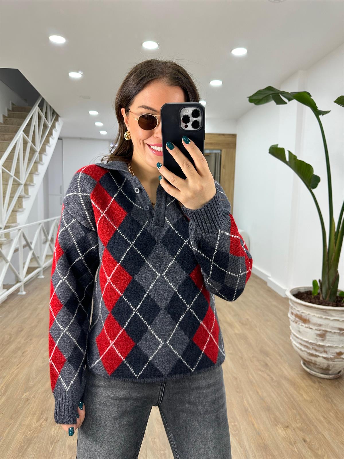 Polo Yaka Baklava Desenli Kazak-Antrasit