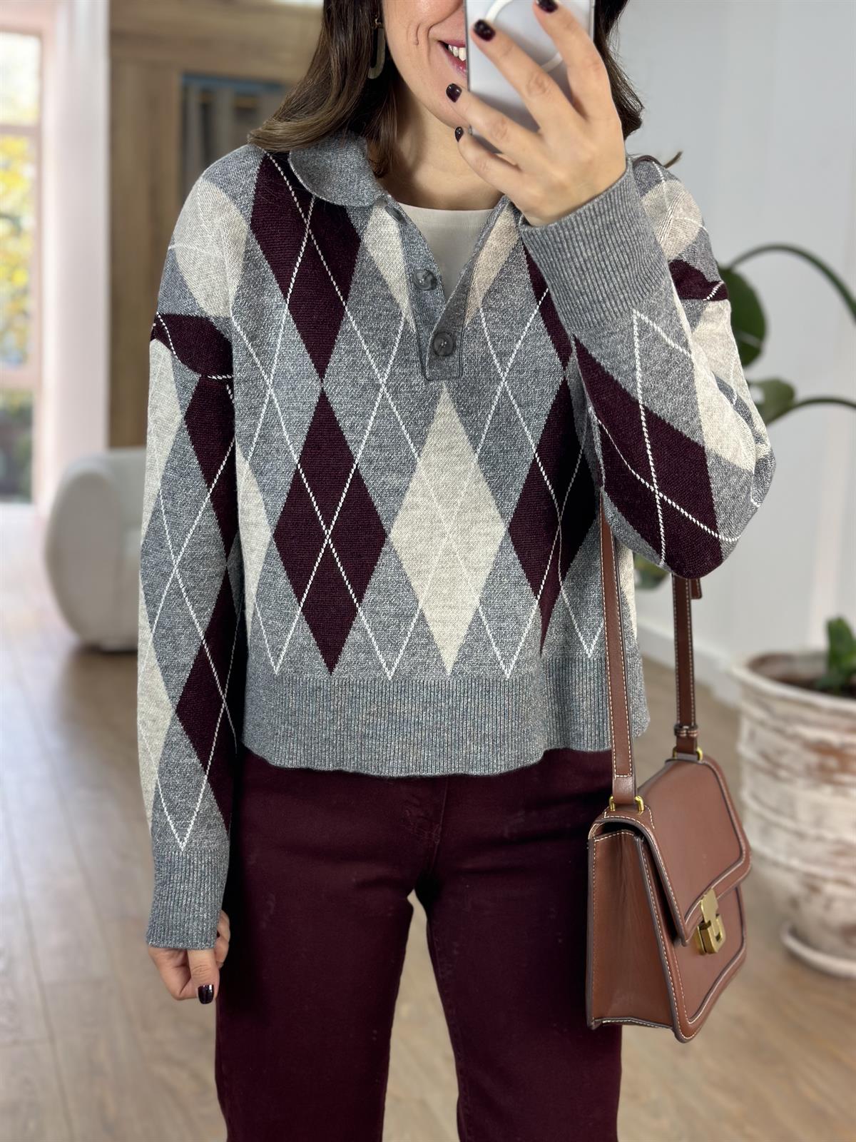 Polo Yaka Baklava Desenli Kazak - Bordo